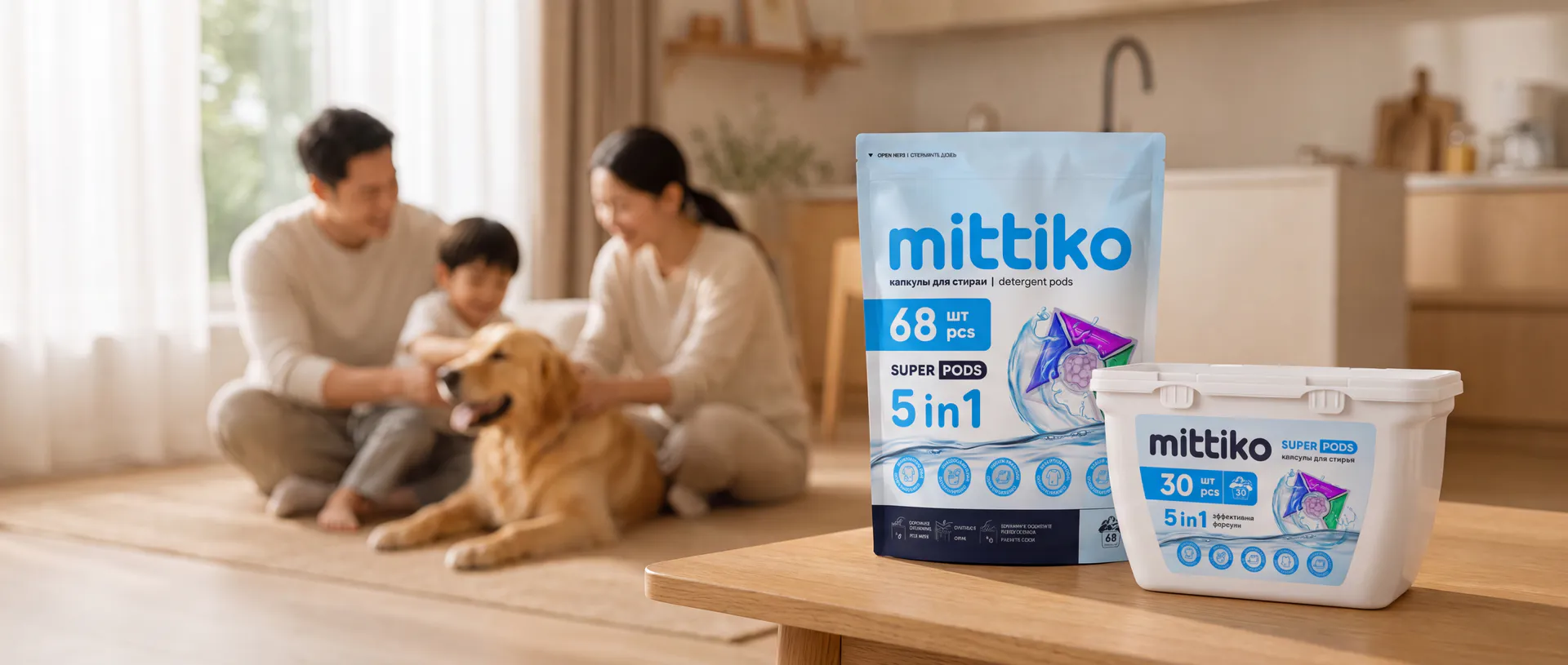 Family at home with Mittiko detergent pods