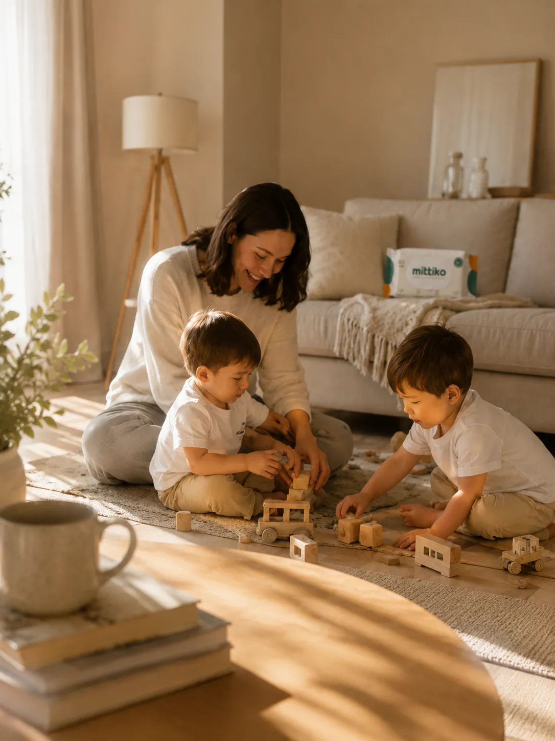 Mother playing with children at home